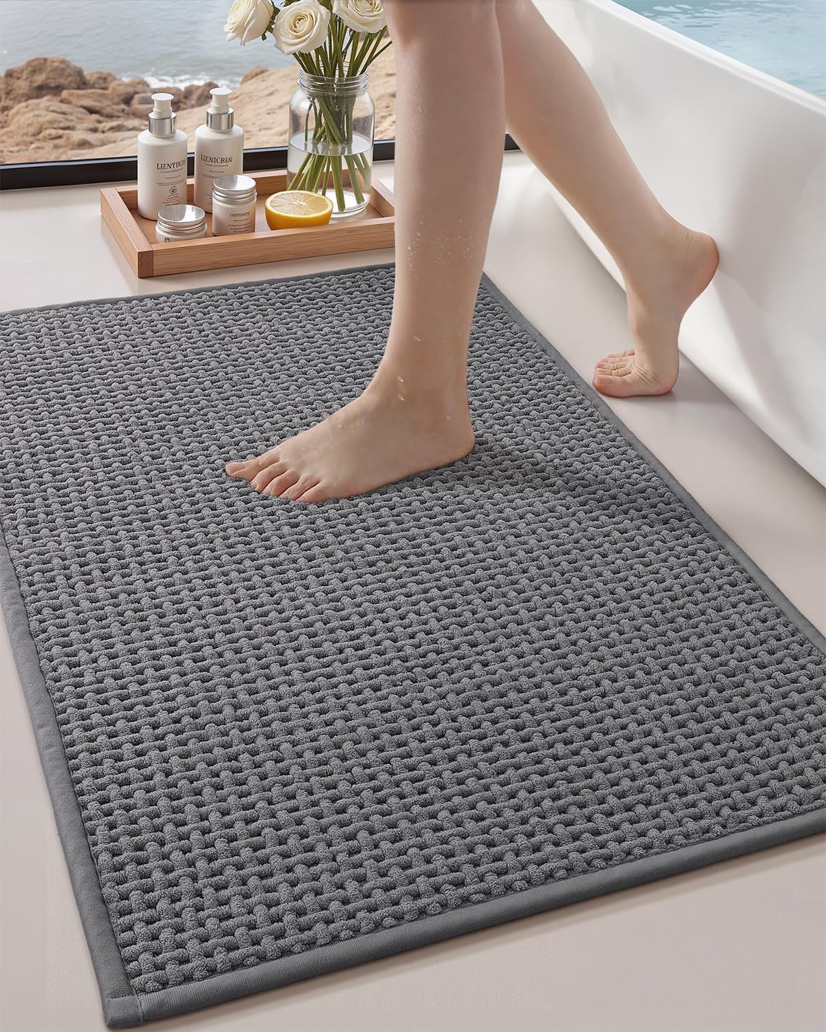 Color and Geometry Grey 30x17 Waffle Bath Mat, Rubber Non Slip Bathroom Rug