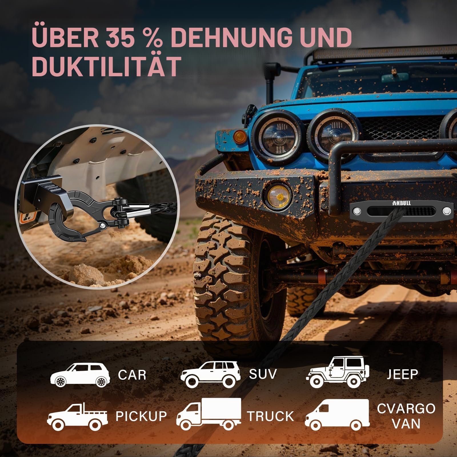 Anbull Elektrische Seilwinde 12V 6,6 PS 13500 LBS/6T Synthetikseil 26m IP67 | 2x Funkfernbedienung 1x Kabelfernbedienung, Motorwinde, Kompatibel mit Quad, SUV, LKW, Bootstrailer, SUV Pickup