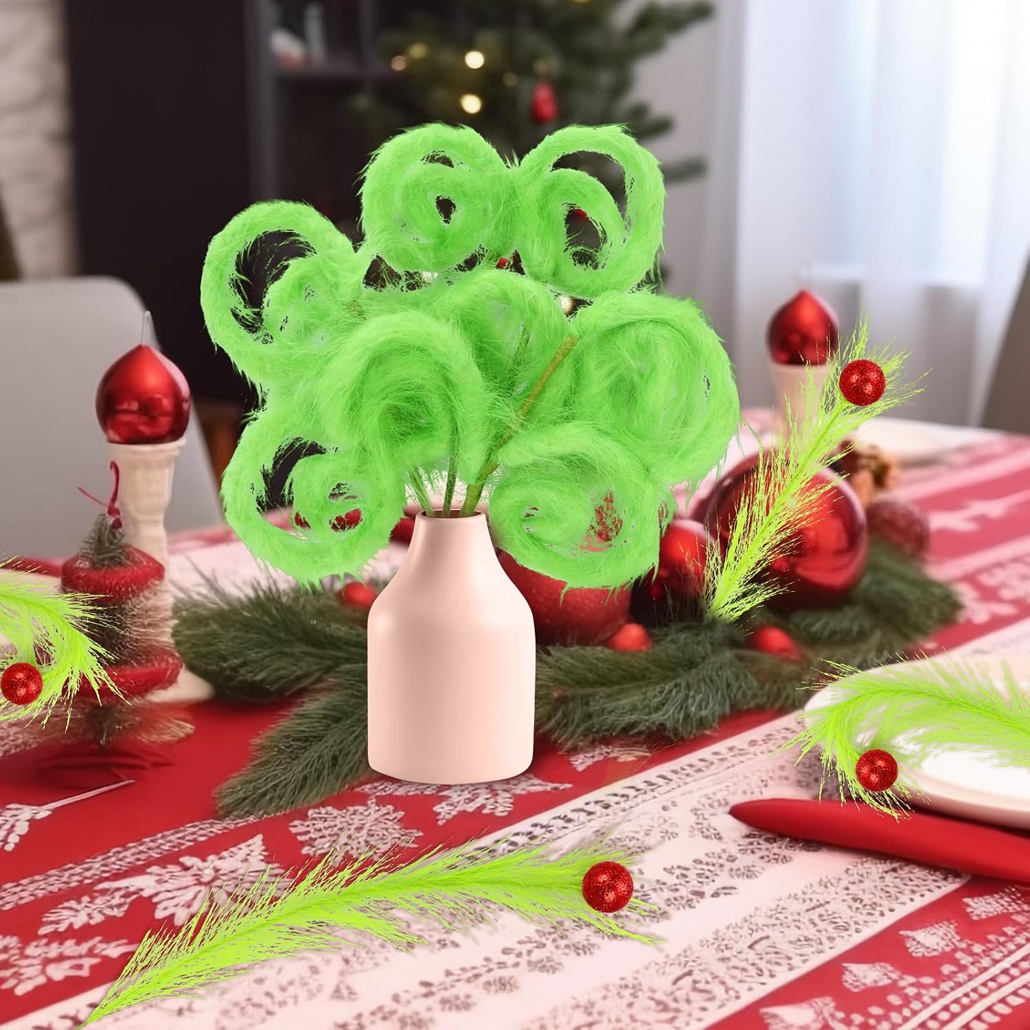 8 Pcs Christmas Tree Topper, 17 Inch Lime Green Christmas Tree Ornament, Green Furry Christmas Picks with Red Ball for Xmas Tree Wreath Home Craft Decors (Funny)