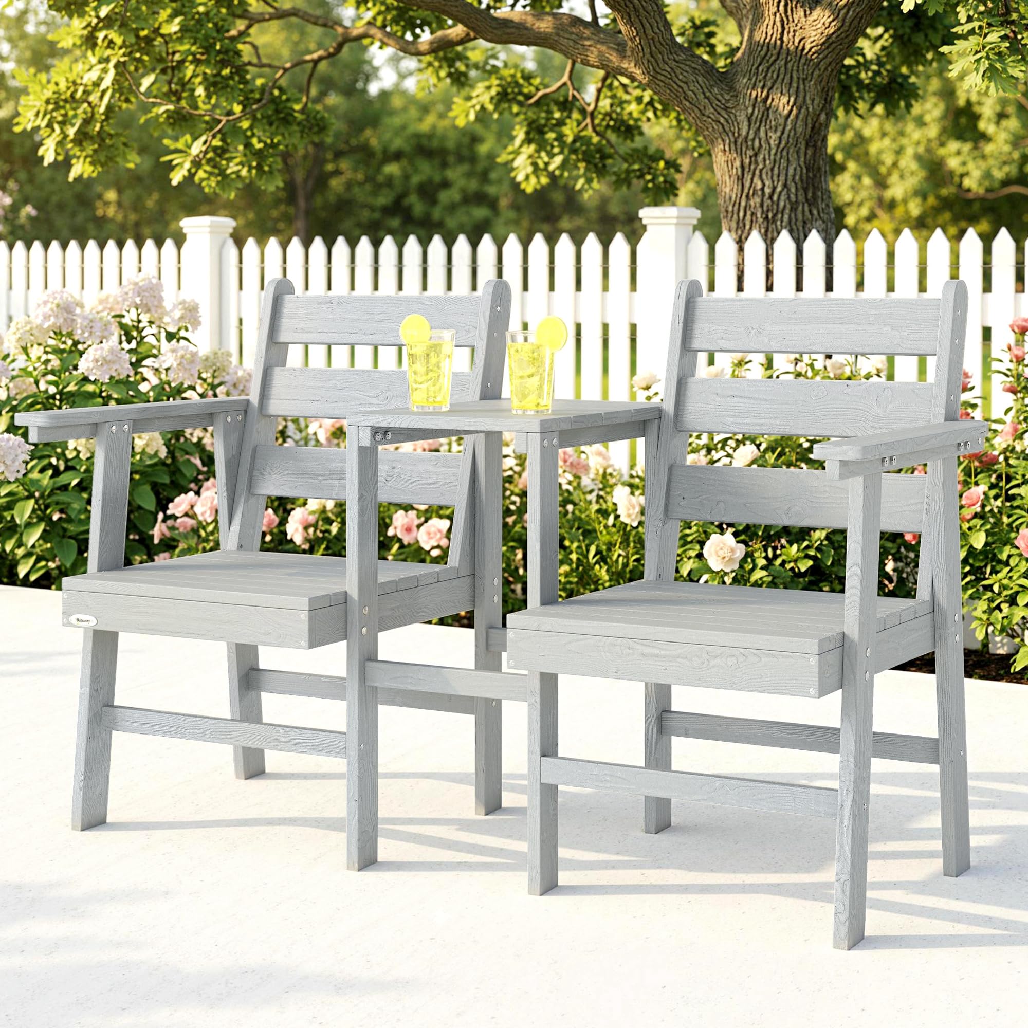 Outsunny Garden Loveseat Jack and Jill Gartensitz Einbautisch Grau | 2-Sitzer, geprägter Holzsitz, Terrasse, Veranda, Balkon