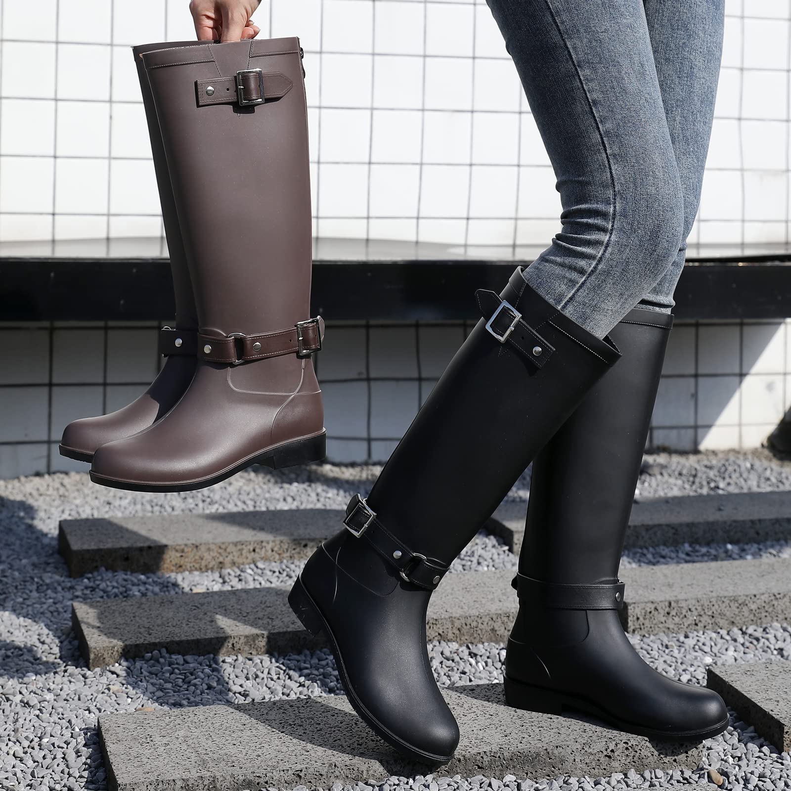 Botas de lluvia para mujer, botas de goma impermeables hasta la rodilla, cómodas y ligeras, botas de jardín para mantener el calor, botas altas de pesca para exteriores