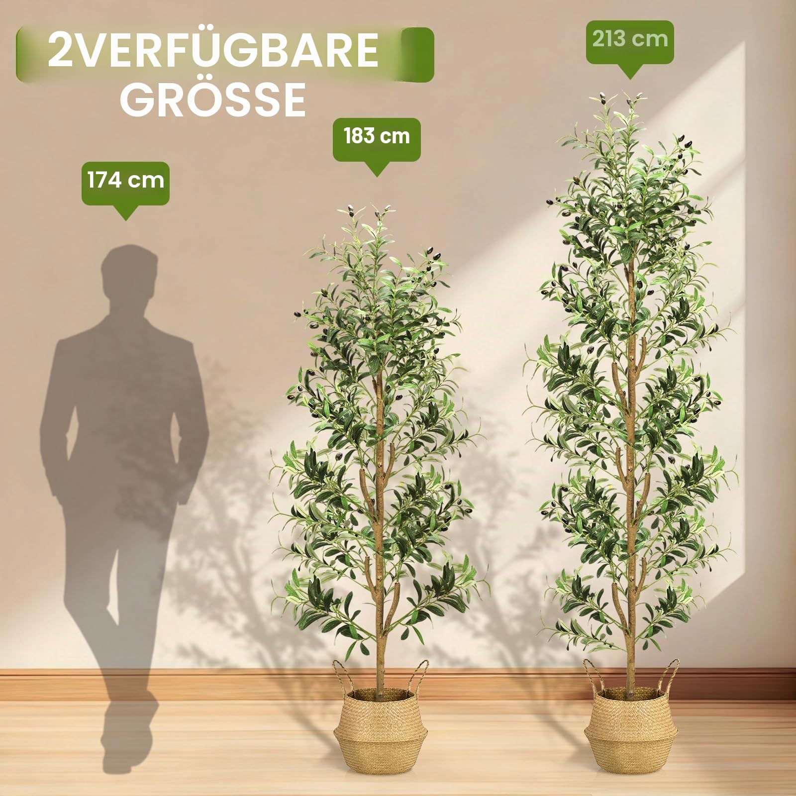 NZQXJXZ Olivenbaum Künstlich 180 cm mit Lichtern, Künstlicher Olivenbaum | mit Übertopf & Korb, Kunstpflanze Groß mit Naturholzstamm und realistischen Früchten für Wohnzimmer Büro Deko