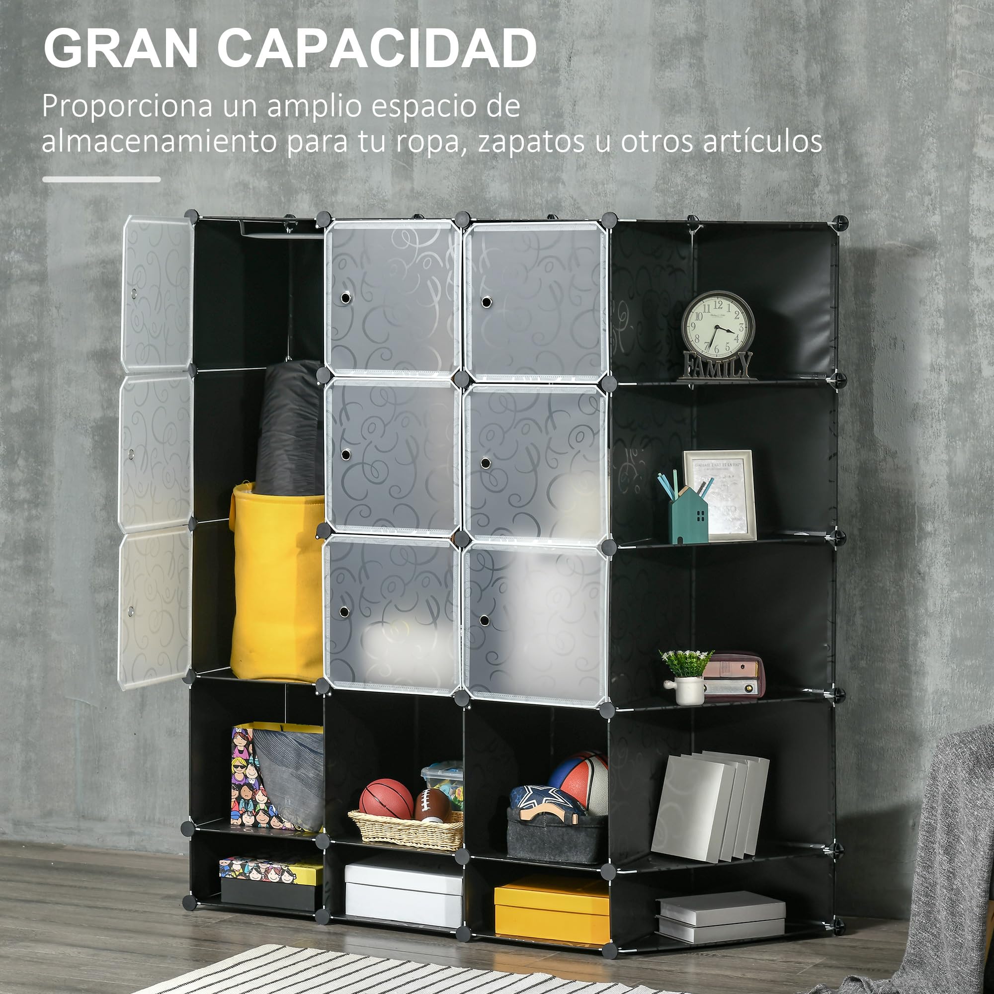 HOMCOM Armario Modular de Plástico con 16 Cubos y 2 Barras Negro y Blanco