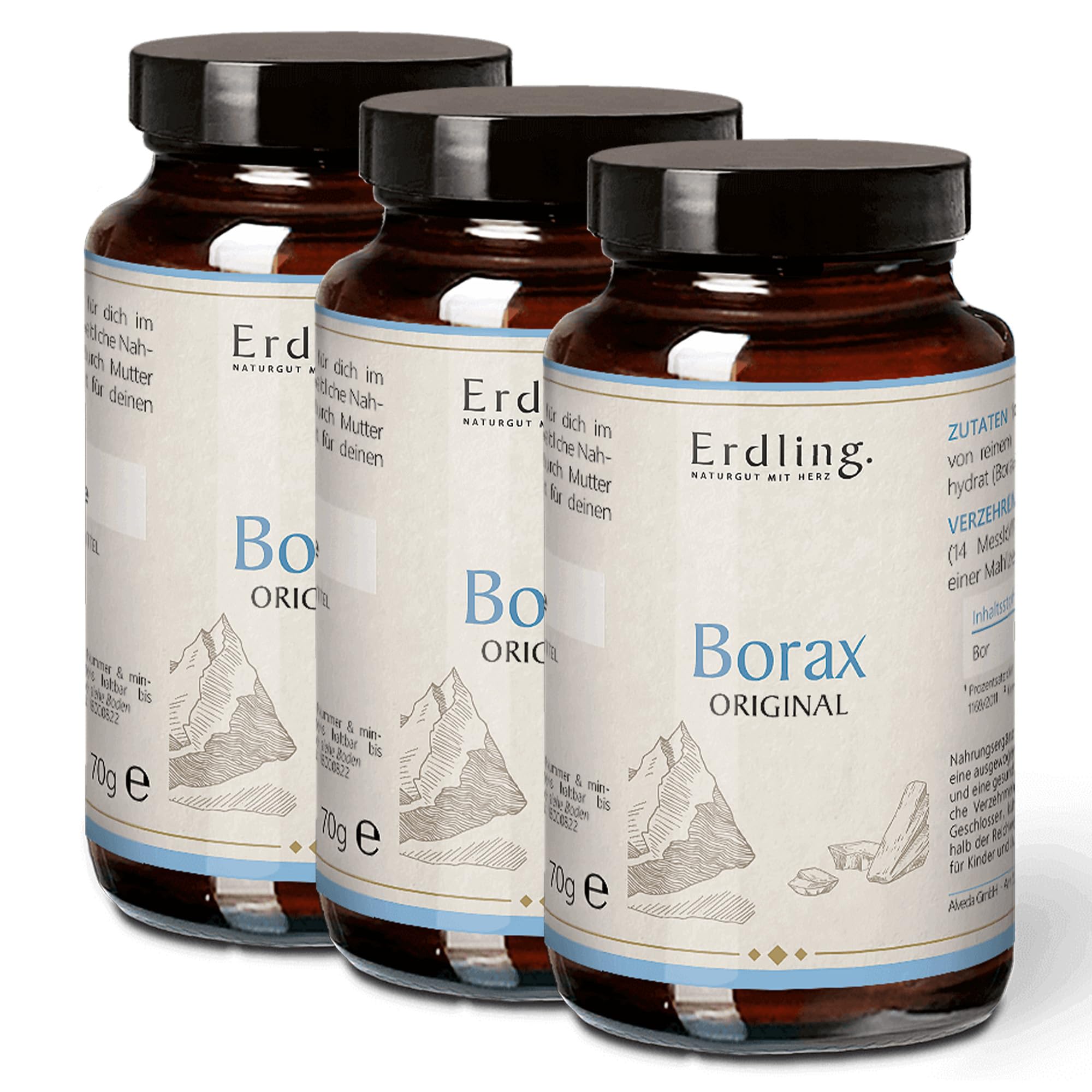 Waldkraft Borax - 99,9% Reinheit (Natriumtetraborat) 3er Set | Lebensmittelqualität | Optimale Löslichkeit | Nachhaltig verpackt in Braunglastiegel | Exklusiv bei Waldkraft | 3x 70g reines Pulver