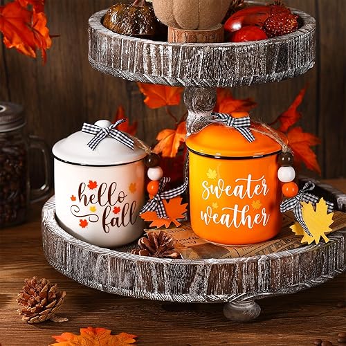 Miniatura 2 de Tanlade Tazas de café de otoño de Acción de Gracias, tazas blancas y naranjas con tapa, taza de cerámica con lazo a cuadros de búfalo y cuentas de
