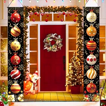 2PCS Christmas Porch Sign Door Banner Decorations, Black Red Merry Christmas Ornament Balls Porch Door Hanging Banner Supplies Indoor Outdoor Xmas New Year Decor Wall Front Door Yard Garage 71x12Inch
