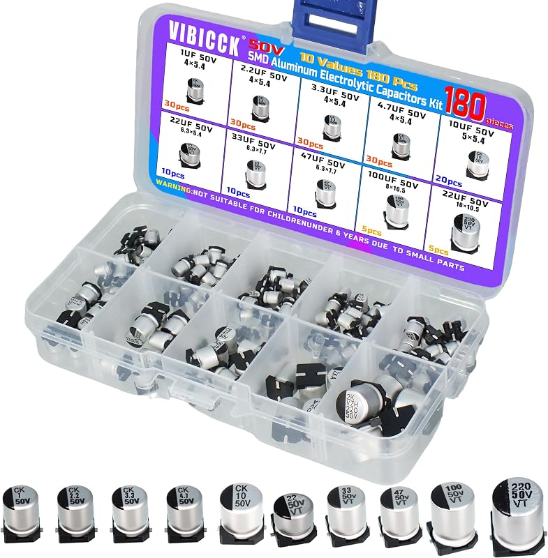 10 Values 180 Pcs 50V SMD Aluminum Electrolytic Capacitor Assortment: 1uF, 2.2uF, 3.3uF, 4.7uF. 10uF. 22uF, 33uF, 47uF, 100uF, 220uF (50V 10Values 180 Pcs)