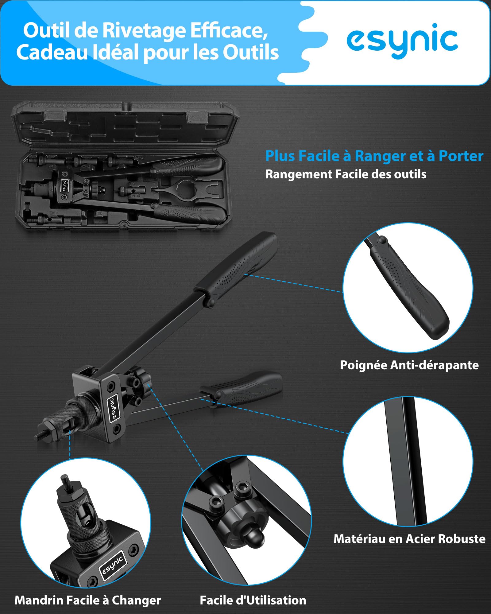 eSynic 14" Pince à Rivet Insert avec 6pcs Mandrins Métriques M3 M4 M5 M6 M8 M10 125pcs Écrous Pince à Insert Fileté avec Étui de Transport Kit de Pince à Écrou Fileté Économie de Main-d'œuvre - Noir