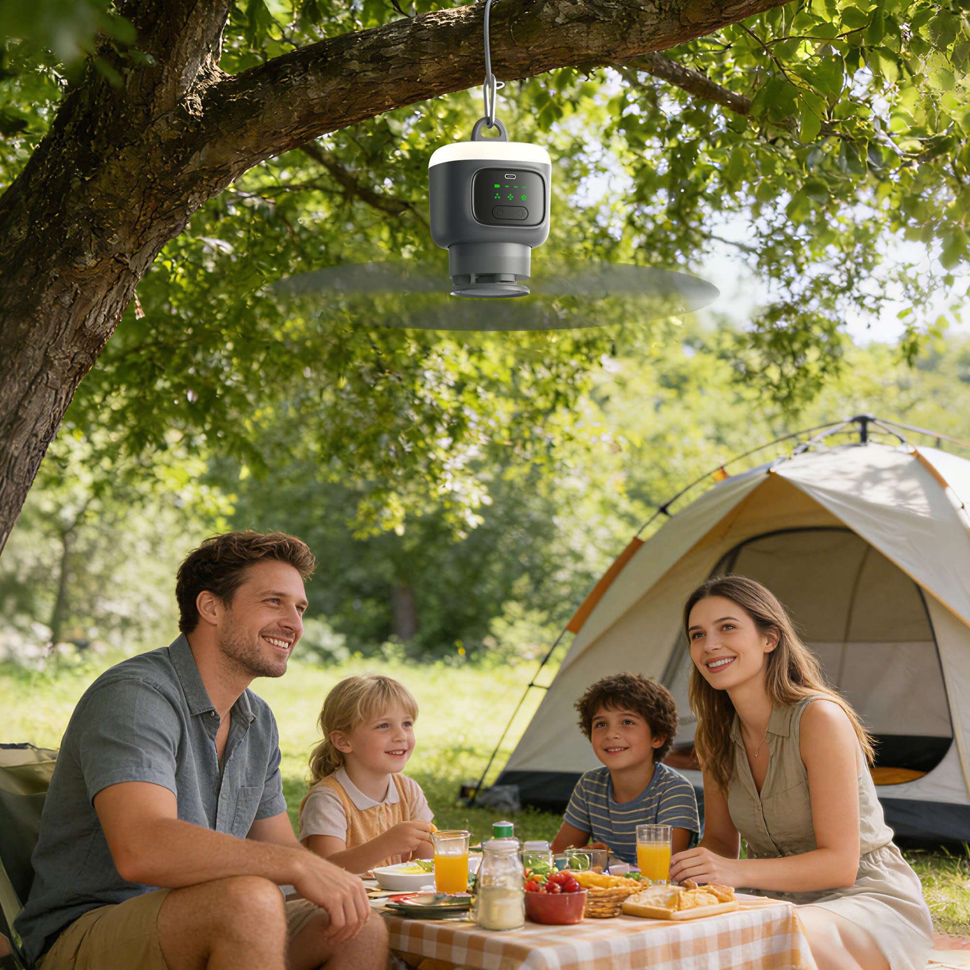 VVU&CCO Ventilatore da soffitto portatile ricaricabile con luce, 12000 mAh, funzionamento a batteria, tempo di utilizzo fino a 16 ore, regolazione 4 velocità, timer 2/4/8 ore, ventilatore da soffitto