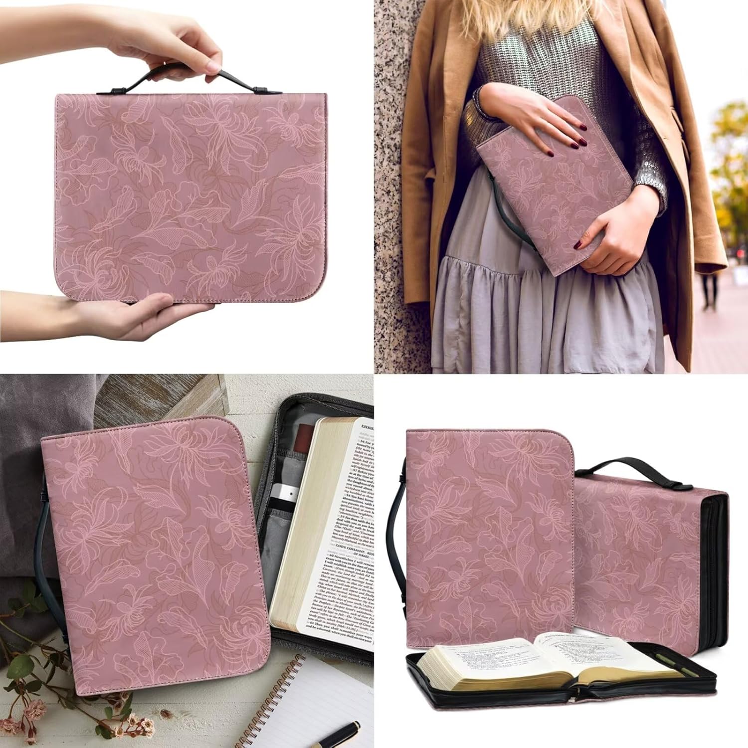 Antique Motif Print Bible Bags for Women Organizer, PU Leather Bible Cover for Hardcover, Waterproof Bible Carrying Case with Bookmark & Pen Slots, Stylish Bible Accessories, XL-Size Pink