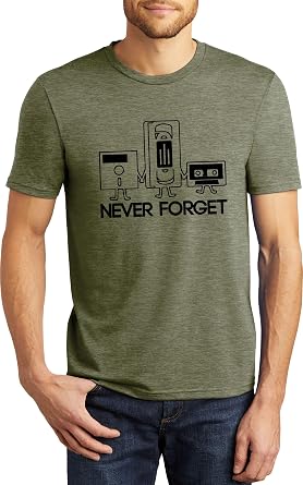 Comical Shirt Mens Never Forget Funny Shirt Floppy Disc VHS Cassette Tech Geek Tee Tri-Blend Tee