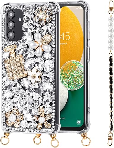 Leiju Case Funda para Samsung Galaxy A13 5G con diseño de correa con purpurina 3D hecha a mano con piedras brillantes de cristal y diamantes