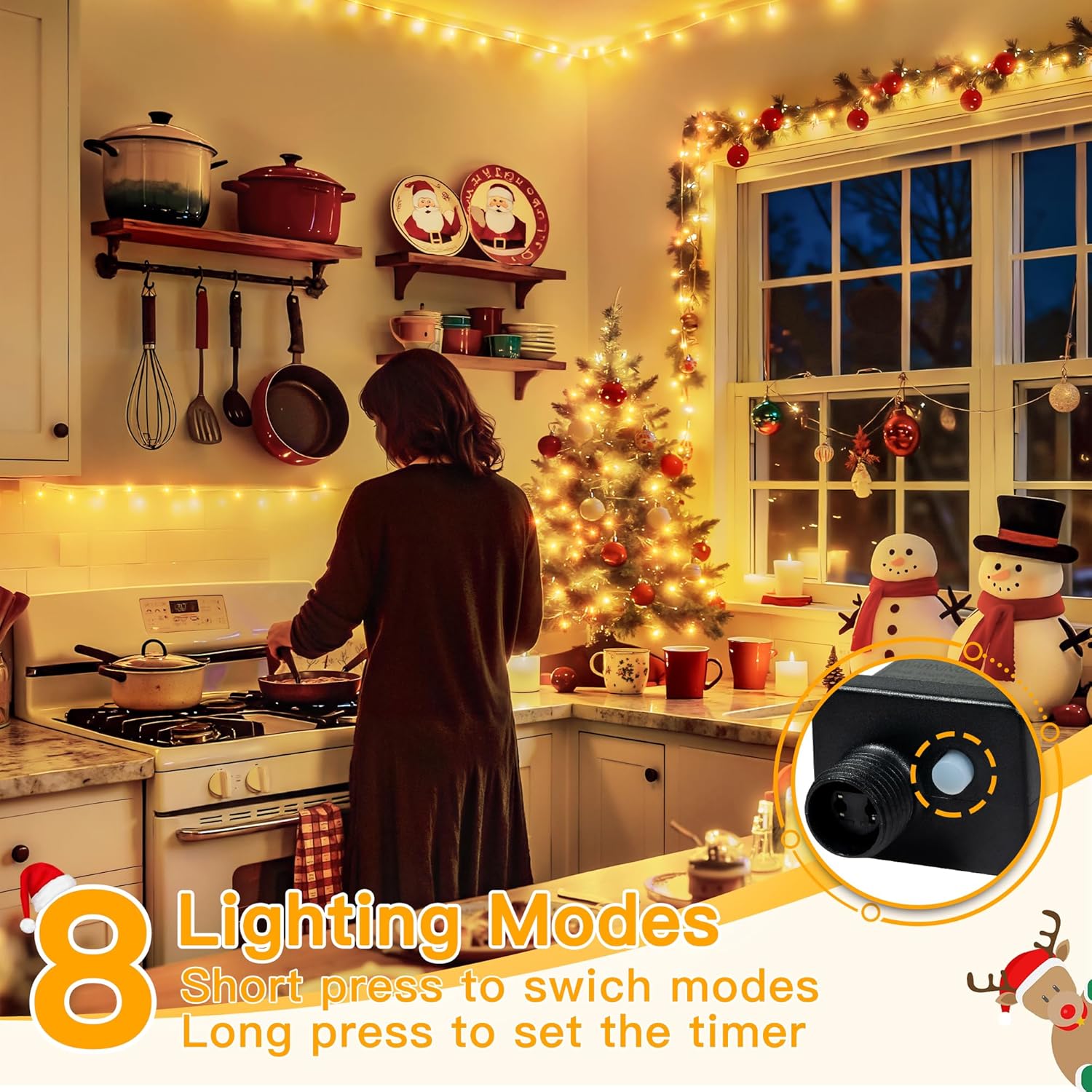 Kitchen decorated with Ollny Christmas lights, showing the controller button for 8 lighting modes.