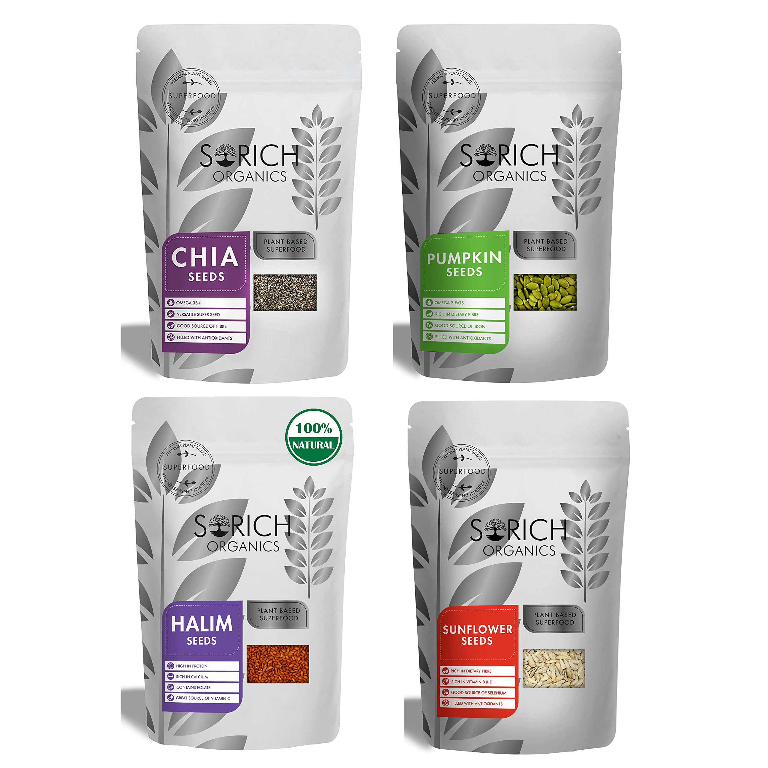Sorich Organics Seeds Combo – Chia, Pumpkin, Sunflower & Halim (100g Each | 400g Total) | Super Seeds for Eating | High in Protein, Fiber & Omega-3 | Hair Growth, Weight Loss & Immunity Support | Raw & Plant-Based Healthy Snacks