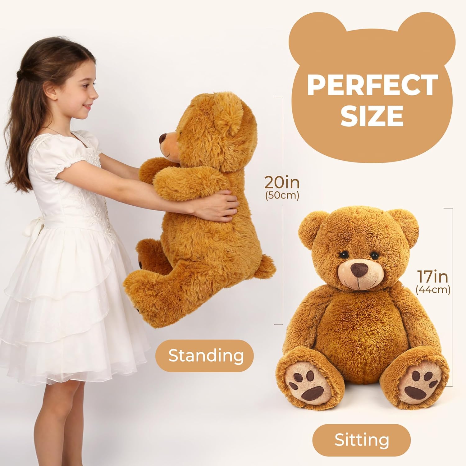 Diagram showing the LotFancy teddy bear's dimensions: 20 inches standing and 17 inches sitting, with a child for scale.