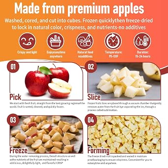 10oz Freeze Dried Diced Apple Pieces, No Sugar Added Crispy Fruit Snacks
