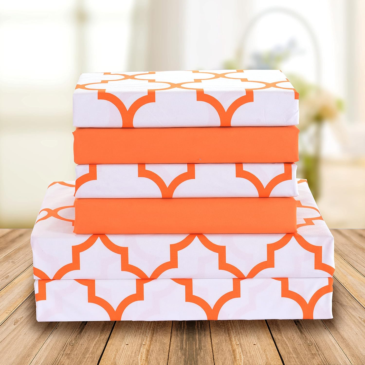 Elegant Comfort 6-Piece Quatrefoil Printed Deep Pocket Bed Sheet Set, Luxurious Silky 1500 Thread Count Bed Sheet Set Ultra Soft Wrinkle Resistant Bedding Set, Queen, Orange