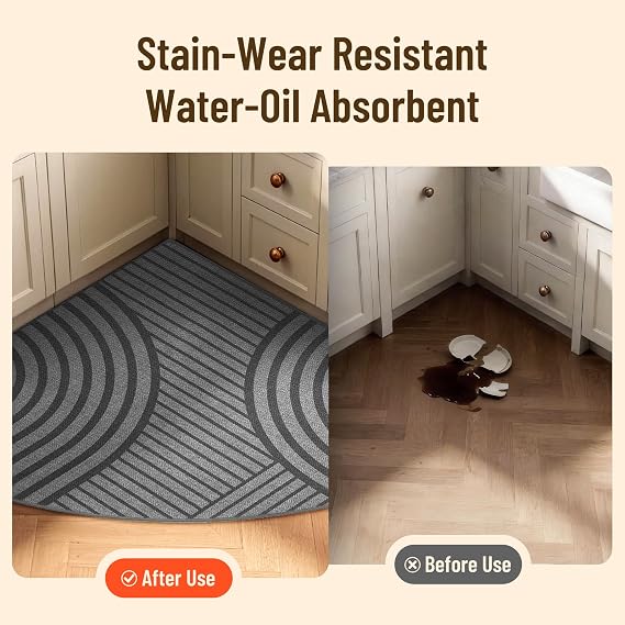 Carvapet Washable Radius 55 Corner Kitchen Rug Sink Area Mat, Grey