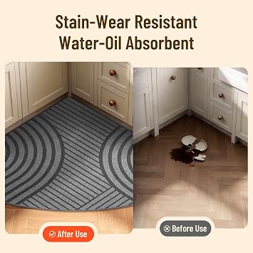 Carvapet Washable Radius 55 Corner Kitchen Rug Sink Area Mat, Grey
