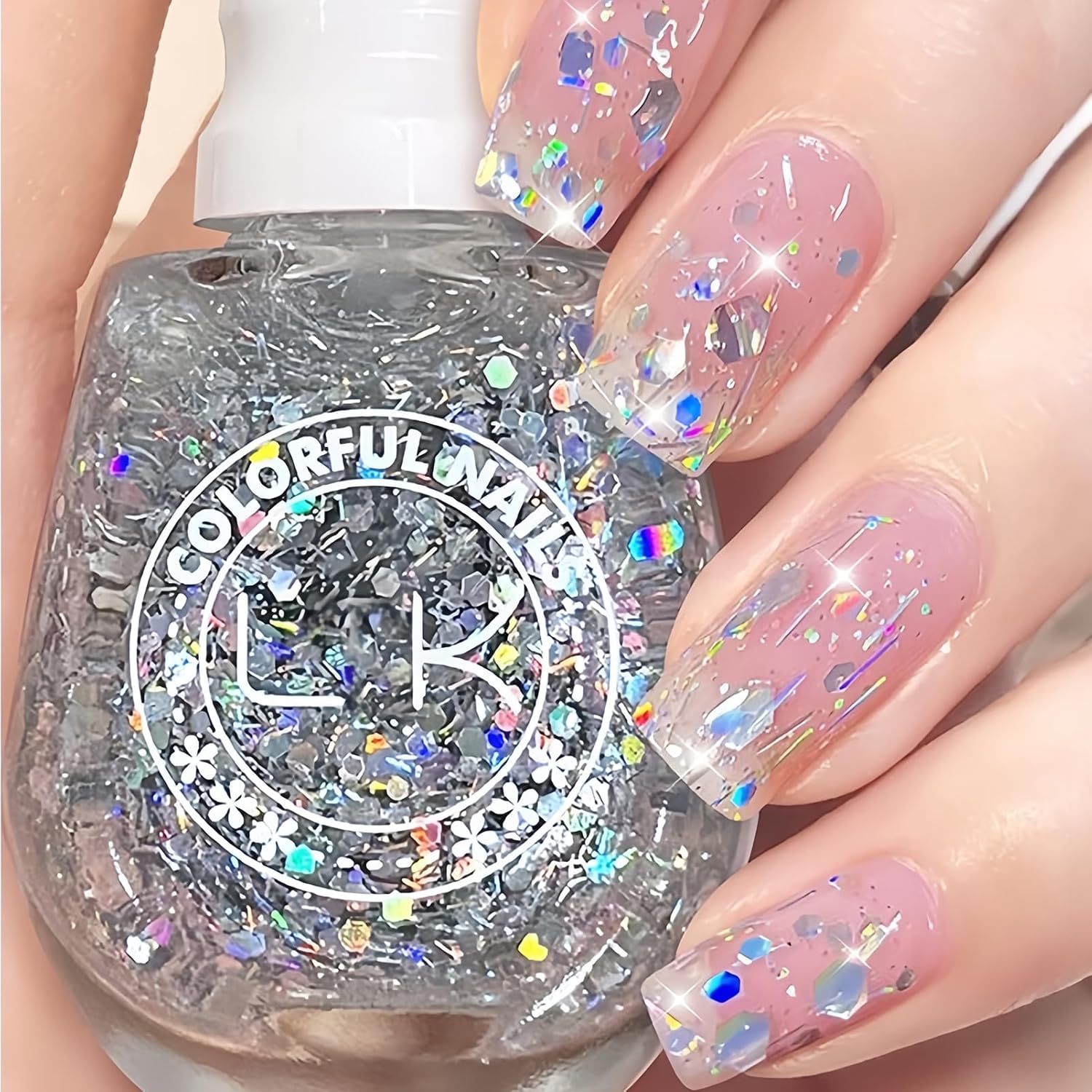 Silver Glitter Clear Nail Polish Top Coat – Air Dry Iridescent Nail Polish with Fine and Chunky Sparkles – Clear Shimmer Top Coat for Women & Girls, Long Lasting, Non Toxic