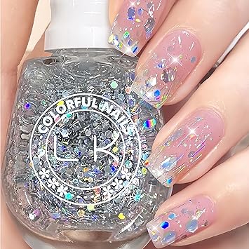 Silver Glitter Clear Nail Polish Top Coat Air Dry Iridescent Nail Polish