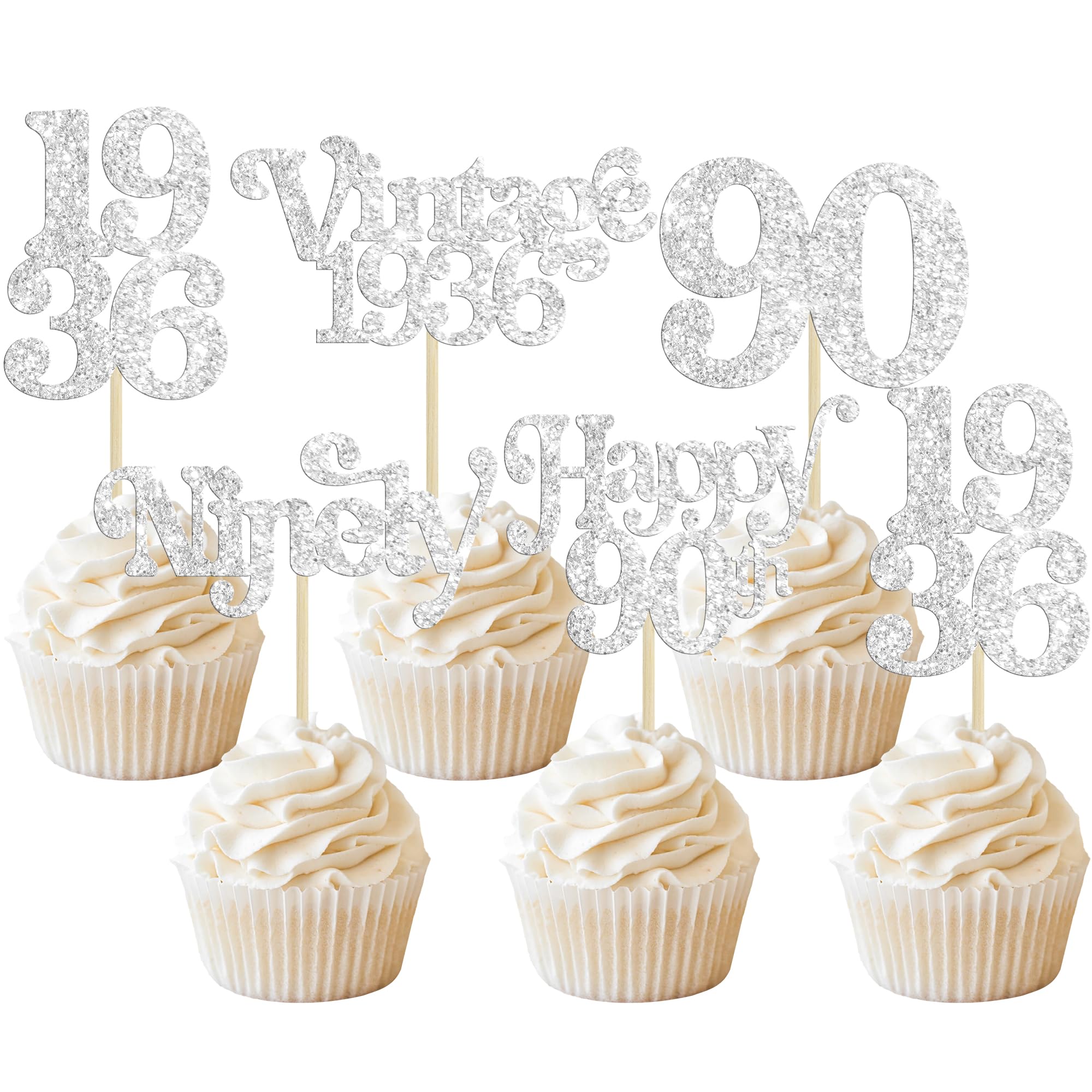 Gyufise 30Pcs 90th Birthday Cupcake Toppers Glitter Vintage 1936 Cheers to 90 Fabulous Ninety Cupcake Picks 90th Birthday Wedding Anniversary Party Cake Decorations Supplies Silver