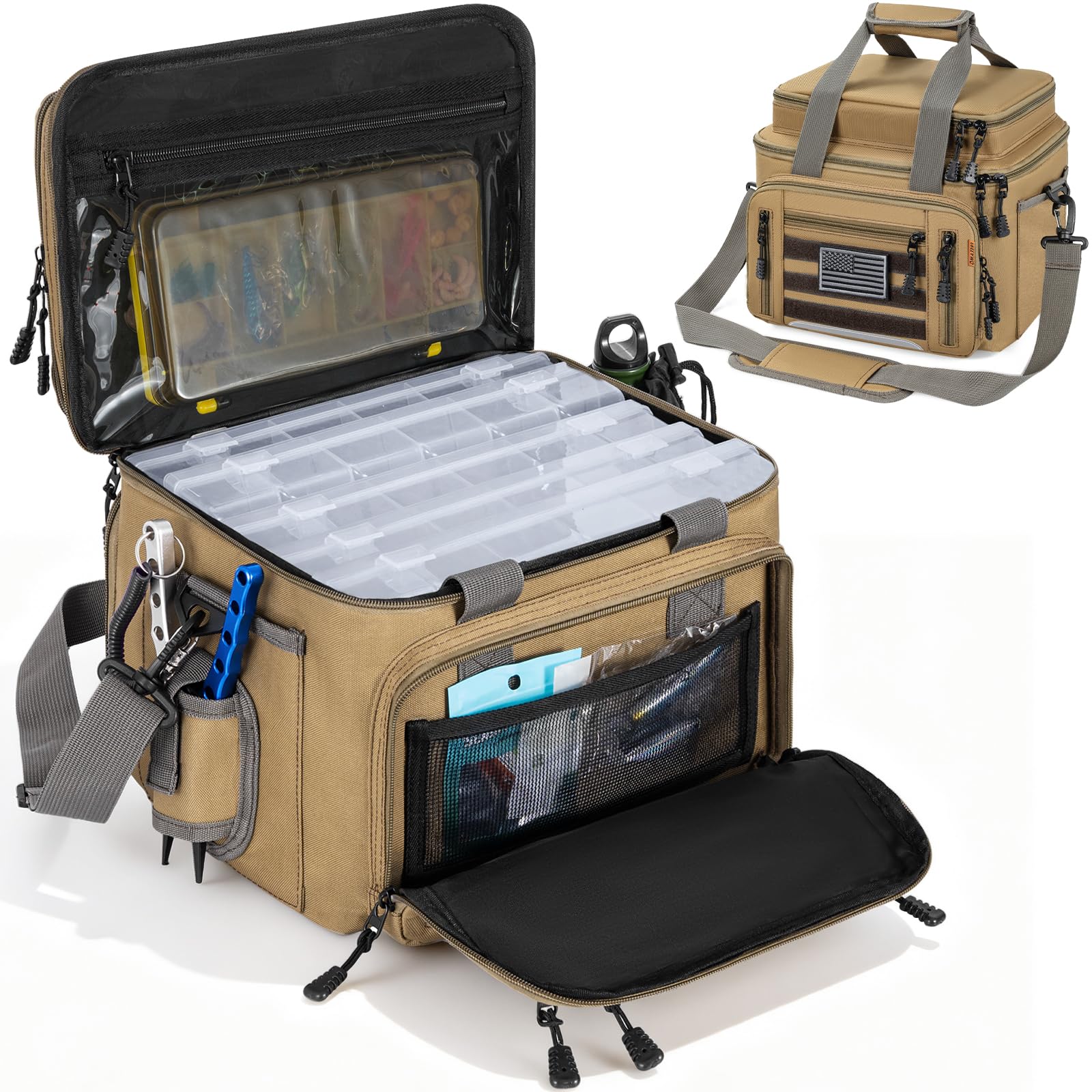 Fishing Tackle Bag - Holds 3400-3600 Size Tackle Boxes -Saltwater & Freshwater Fishing Bags - Padded Shoulder Strap Fishing Bags (Kahki) (Bag Only)