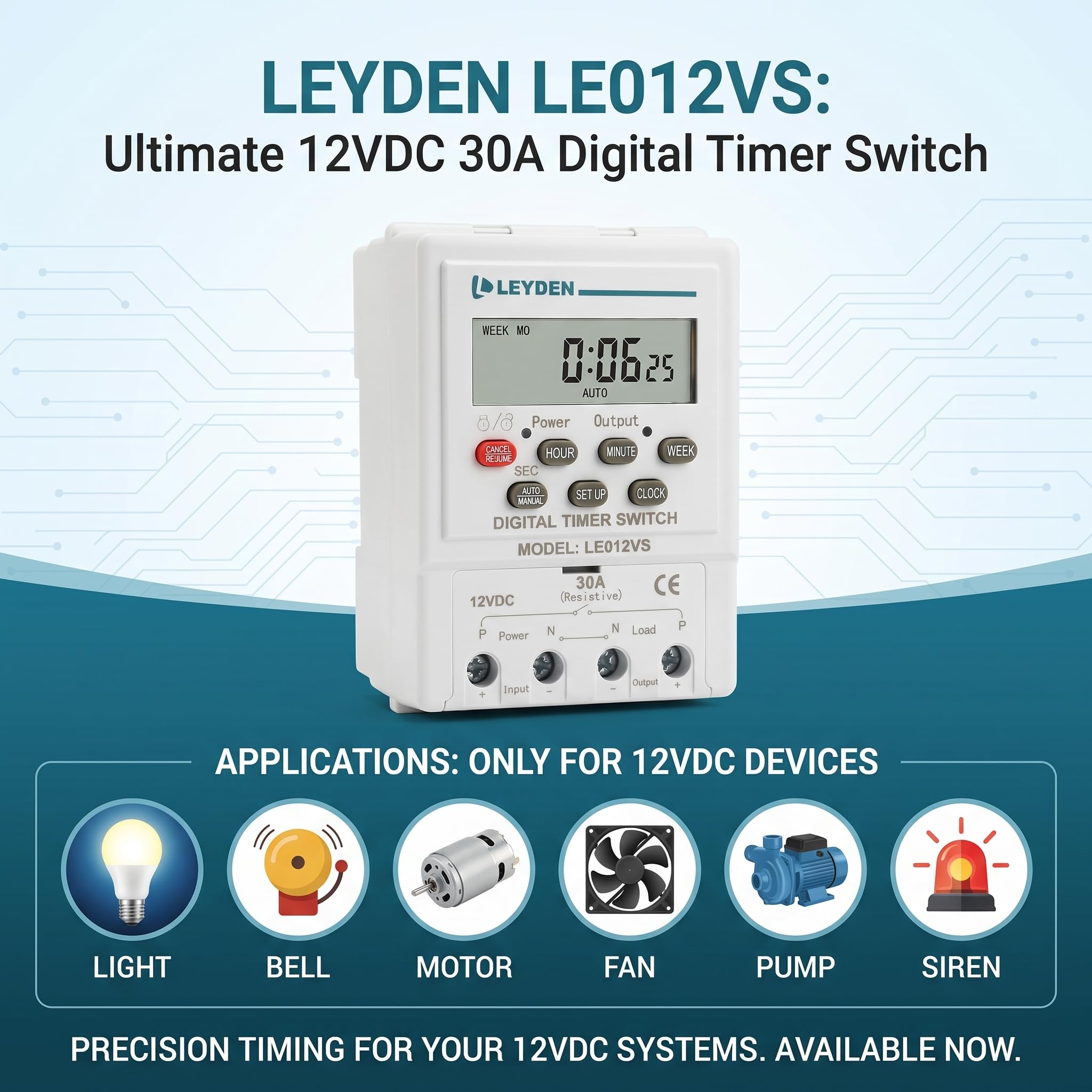 LEYDEN® LE012VS, 12VDC, Digital Timer Switch 24 on Off Programs & Cyclic Timer for DC Light, Motor, Bell, Siren, Fan, Fogger, Hydroponic, Drip Irrigation & Other Application — Amazon image 6