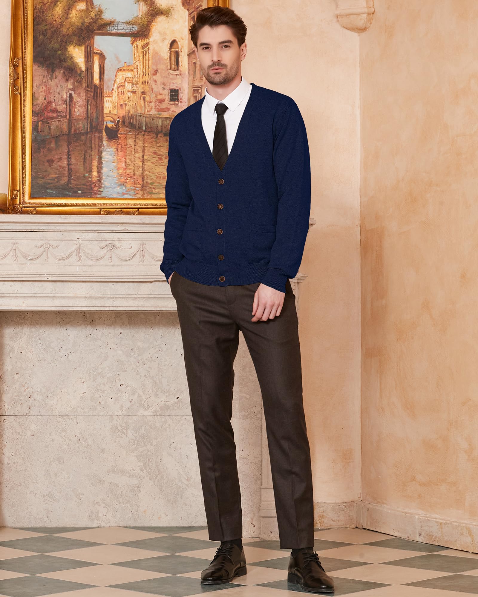 Kallspin Maglione da Uomo Cardigan con Scollo a V in Lana