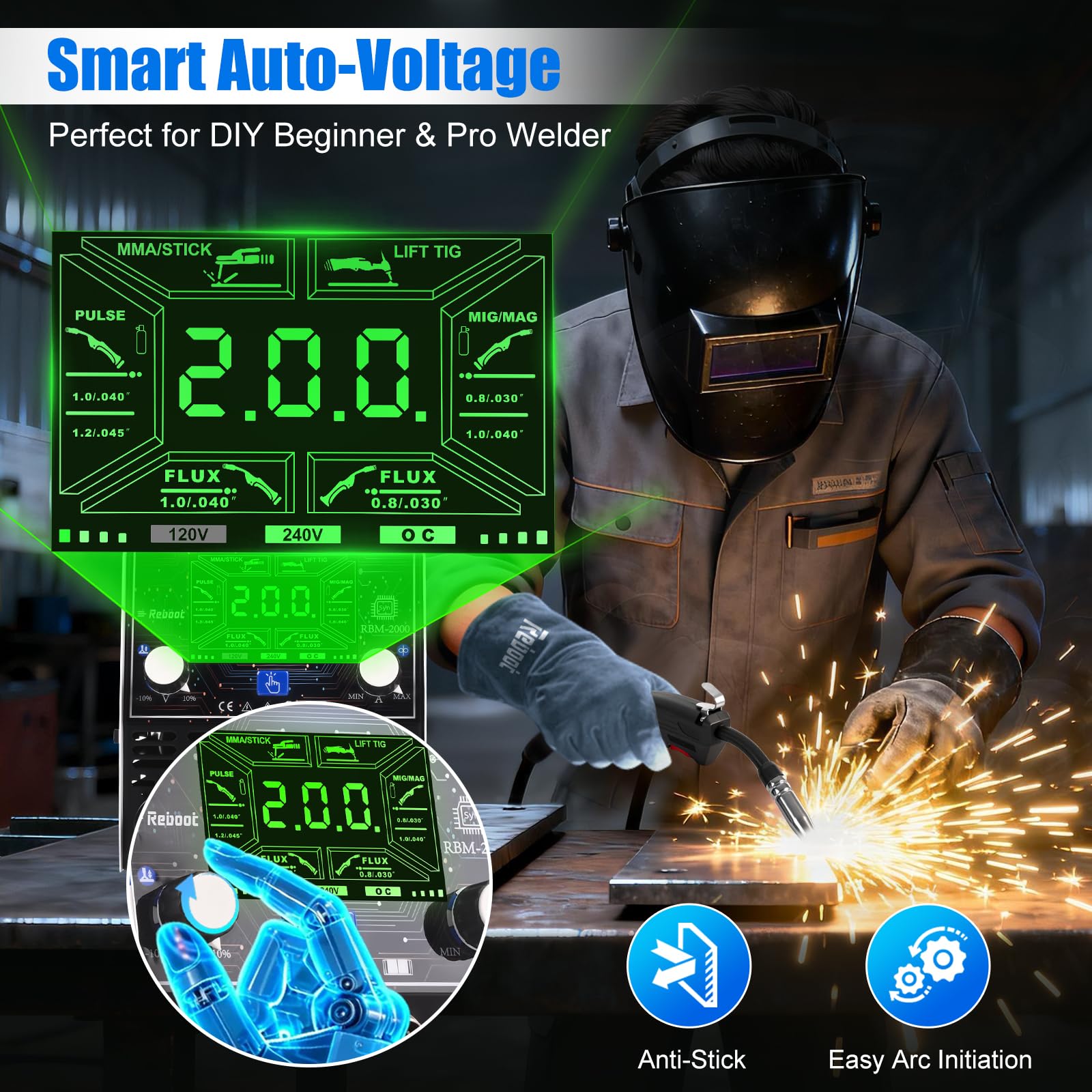 Reboot Soldador MIG 5 en 1 200A Sinérgico - MIG MAG con/sin Gas, Lift TIG, MMA, Puntos - Soldadura de Aluminio - 240V Portátil para DIY Taller - RBM2000G