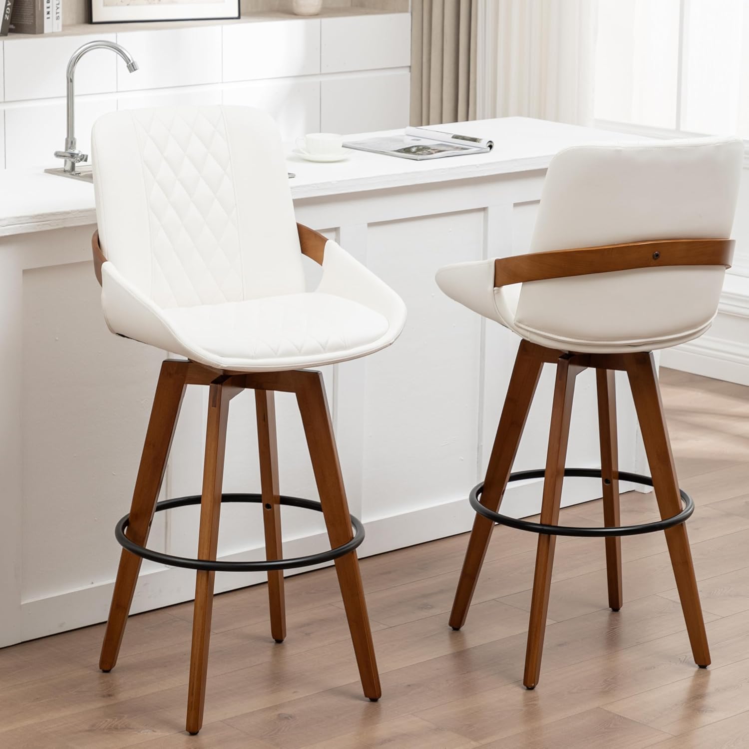 26 Inch Counter Height Stools Set of 2, Modern Mid Century Upholstered Upholstered Swivel Stool with Curved Back and Arms for Kitchen Island, Black