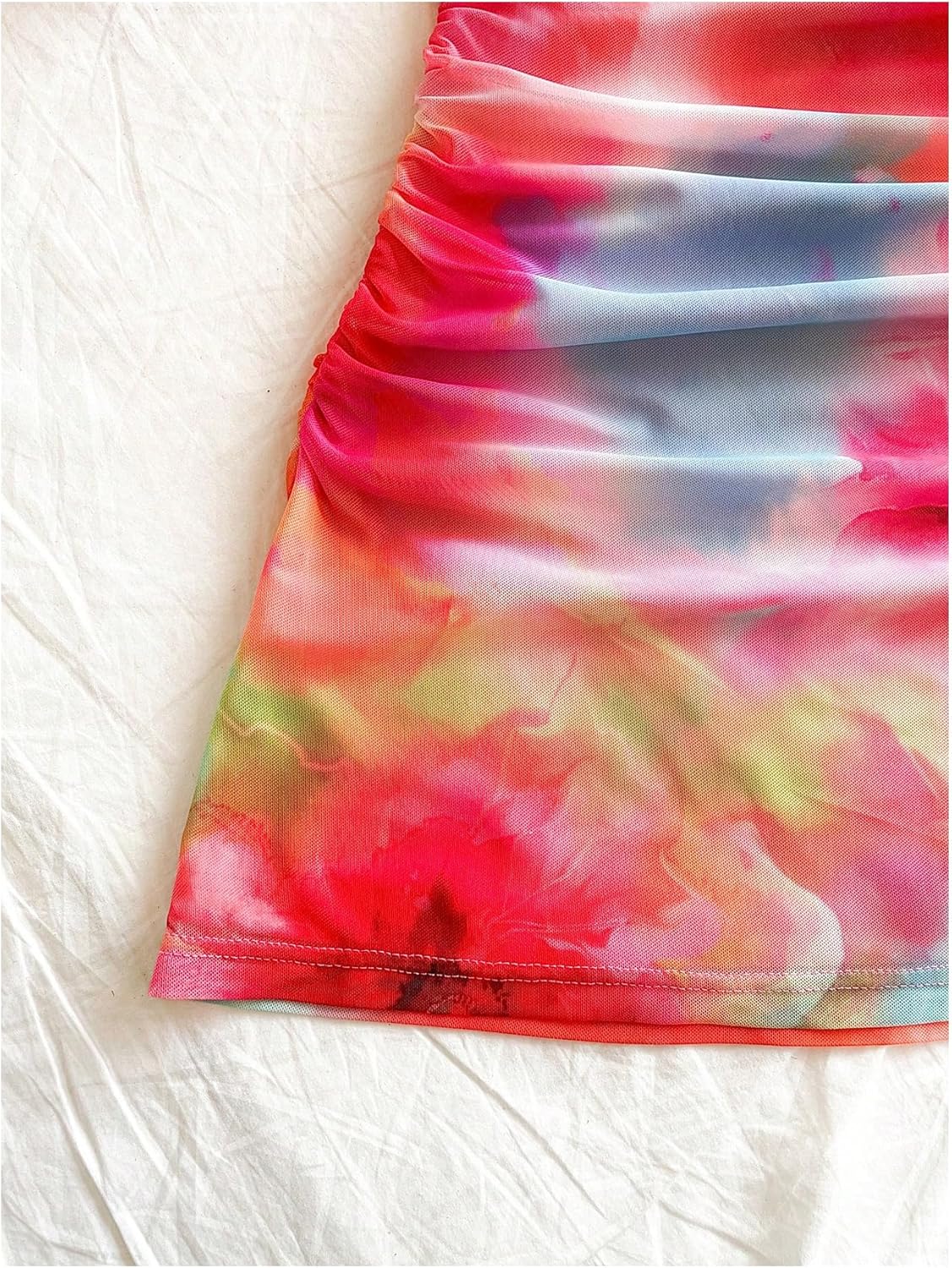 Women's Y2k Floral Mini Dress Summer Beach Vacation Dress Mesh Ruched Spaghetti Strap A Line Sundress - Image 4