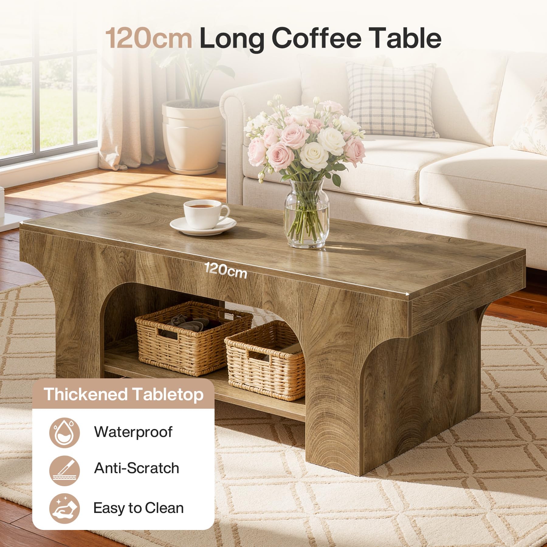 Tribesigns Mesa de Centro 120cm, Mesa Rectangular de 2 Niveles con Almacenamiento, Mesa de Café Estilo Granja de Madera, Mueble Decorativo para Salón, Dormitorio y Oficina en Casa, Marrón