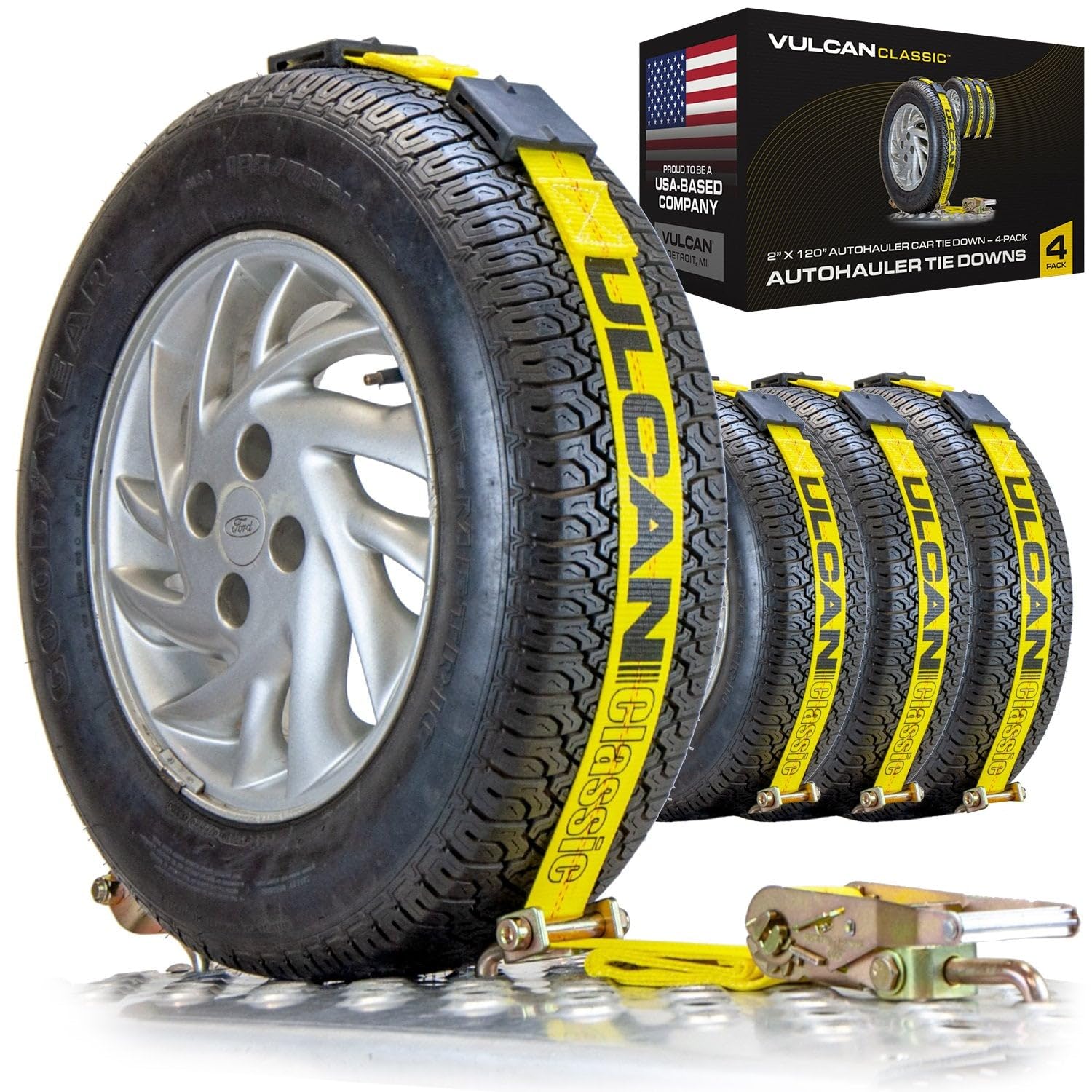 Vulcan Classic Rolling Faulenzer DREI Keil Auto Tie Down System – 3300 18 kg SWL 120'' - Pack of 4