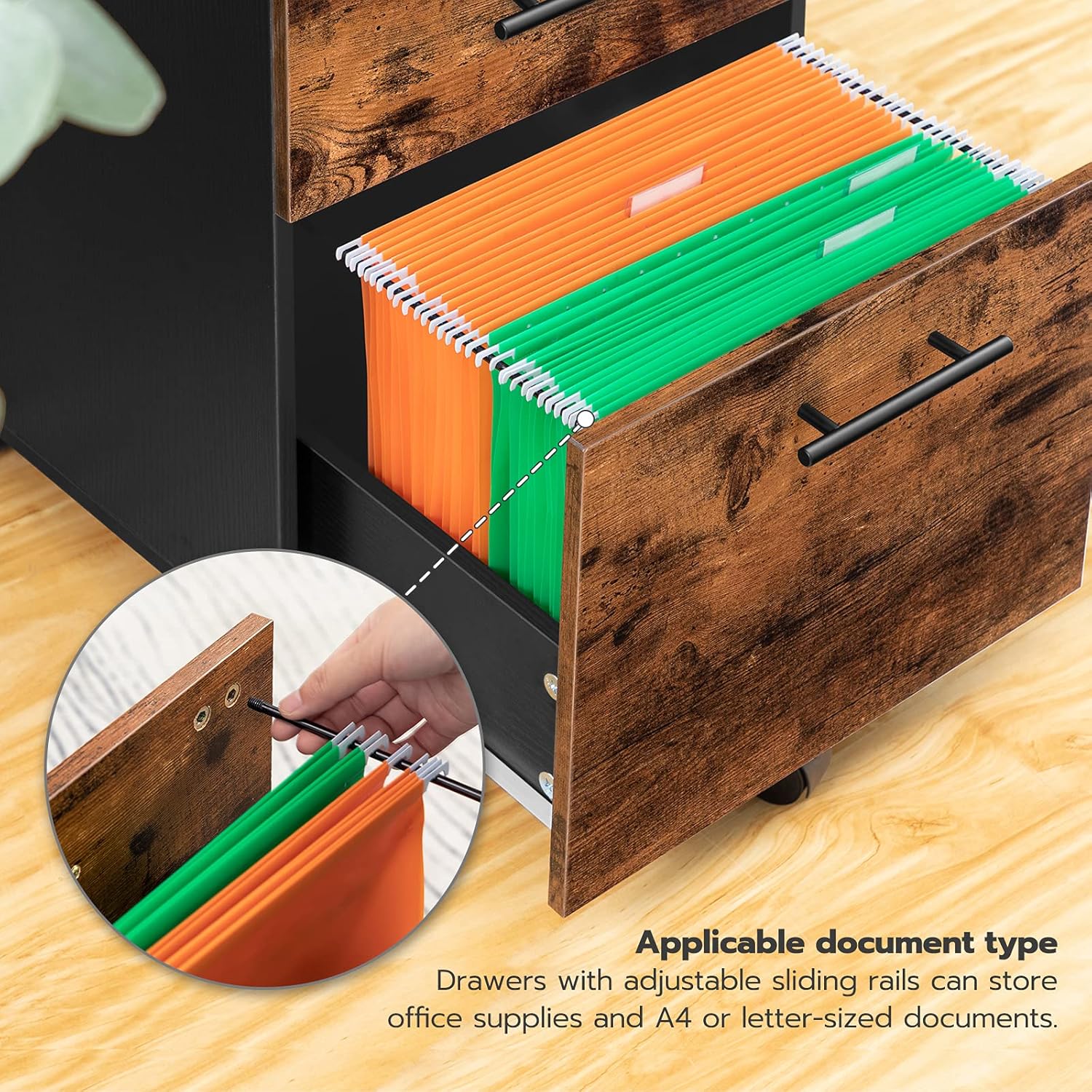 HOOBRO 3-Drawer File Cabinet with the bottom drawer open, showing hanging files.