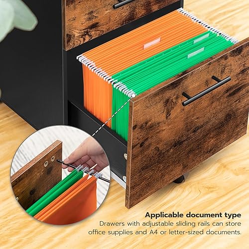 Miniatura 4 de HOOBRO Archivador de madera, archivador de 3 cajones, gabinete de oficina con ruedas para tamaño A4carta, gabinete debajo del escritorio, cajones de