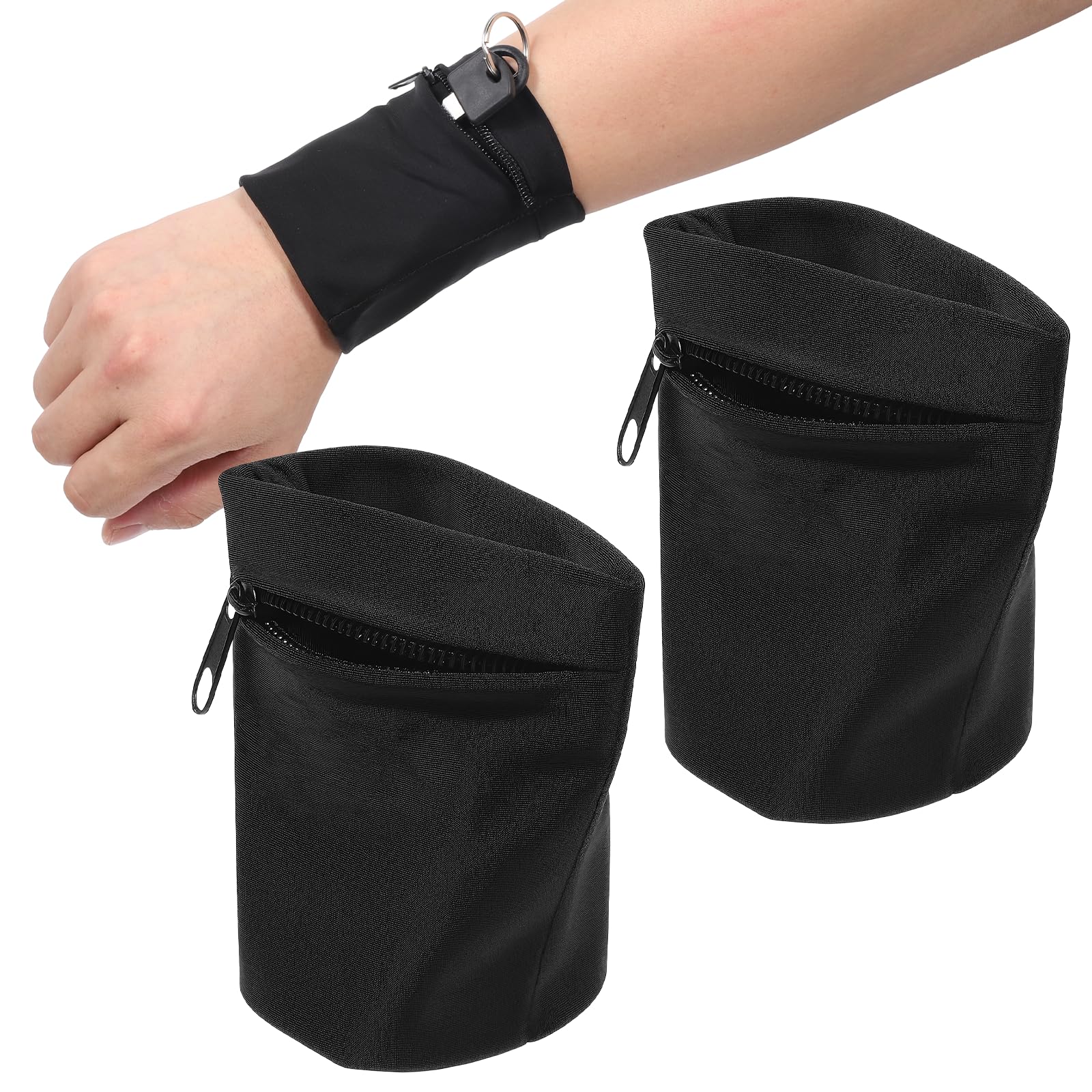 Photo 1 of 2 Pcs Wrist Wallets for Women Wristband with Zipper Key Card Storage Bags for Women Men Running Sports Jogging Hiking Basketball Tennis (Black)