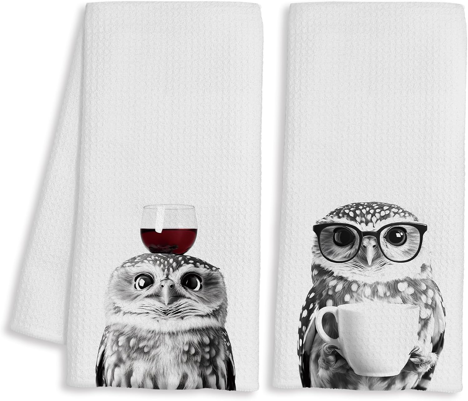 Funny Wine Coffee Owl Kitchen Towels Set of 2, Owl Lovers Gifts, Animal Lover Gifts Decorative Dish Hand Tea Towels for Kitchen Home Bar Decor, Wine Coffee Owls Lover Gift, 16x24 Inch