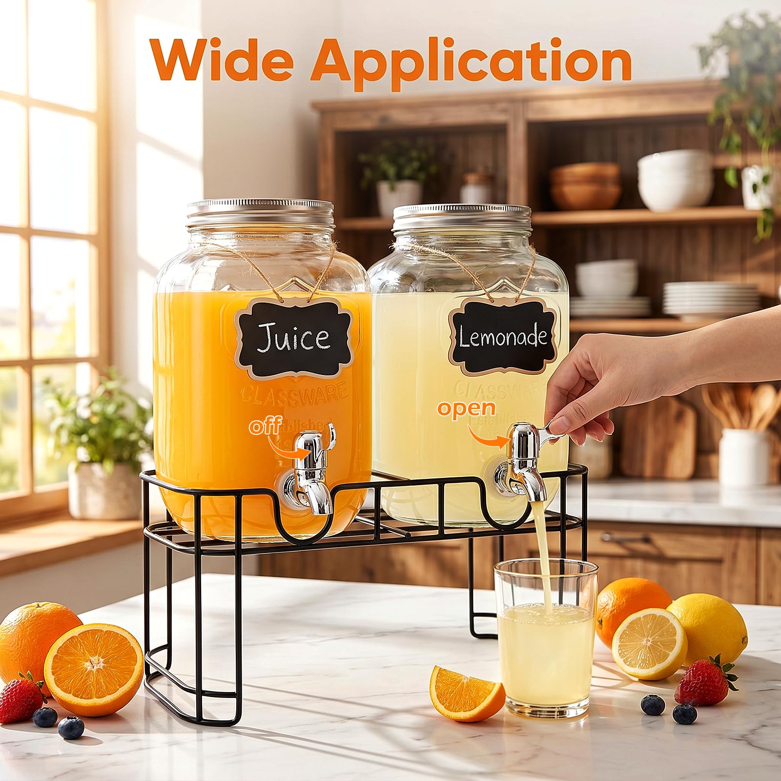Dispensador de bebidas de vidrio de 1 galón, dispensador de bebidas Accguan con tapa de lata y espiga sin fugas, marco de hierro negro, dispensador de bebidas Mason para fiestas, picnics, barbacoas y