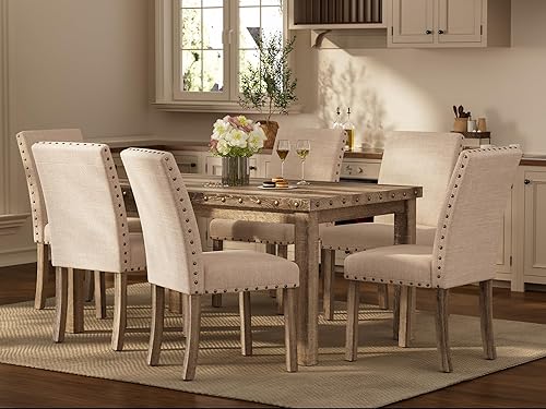 Miniatura 7 de Morden Fort Juego de mesa de comedor rústica para 6, sillas de comedor de cocina de granja para 6, encantadora mesa rectangular de madera de 60" y 6