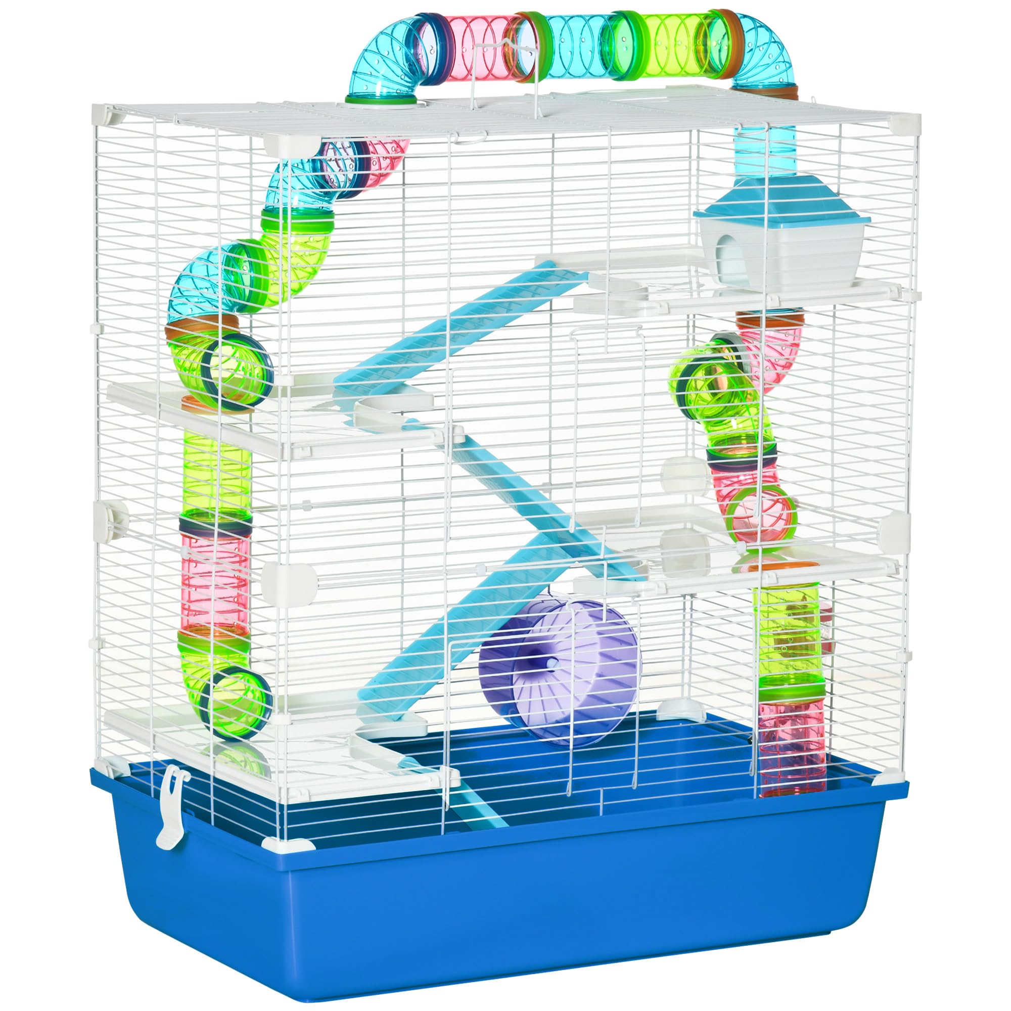 PawHut Hamster Cage w/Water Bottle, Exercise Wheel, Tubes, Ramps - Blue | Exercise Wheel, Feeder Bowl, Tube, Water Bottle