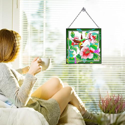 Miniatura 5 de Colgantes de vidrieras de 11 pulgadas, panel atrapasoles de cristal con cadena para colgar en ventana, regalos para mamá, esposa, amiga (colibrí)
