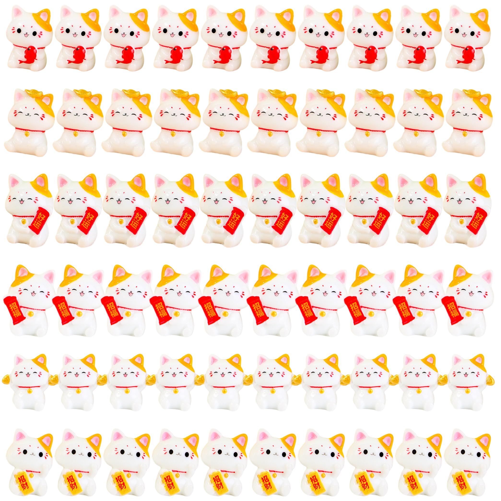 Syglawnd 60PCS Mini Cats, Adorable Miniature Cat Figurines with Fortune & Fish Designs Handcrafted Resin Cats for Kids Adults, Mixed Colors, Mini