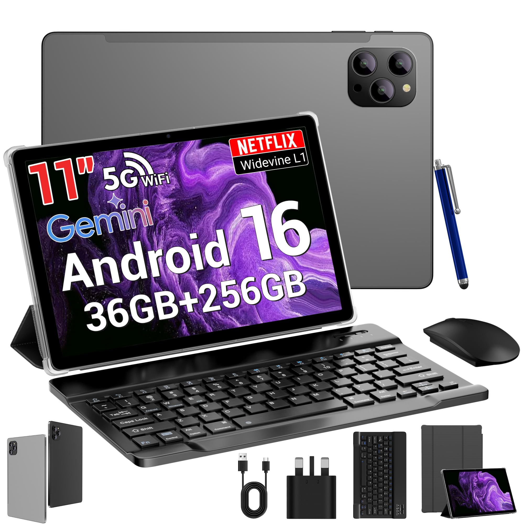 ROSYVIBE 2026 Slim 11 Inch Android 16 Tablet with Keyboard,Stylus