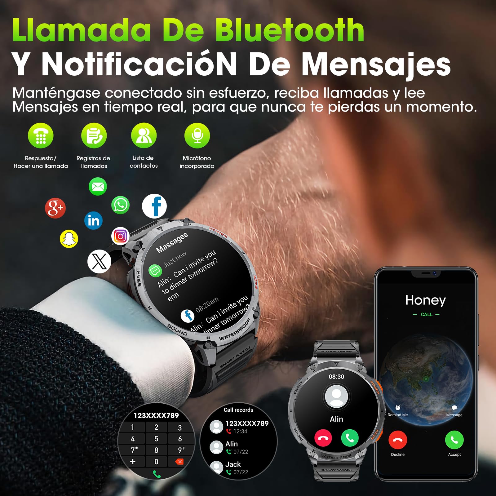 Smartwatch Militar para Hombres con Llamadas Bluetooth, 1,85" HD 730 mAh, IP68，Seguimiento de Fitness con Linterna LED,Frecuencia Cardíaca 24/7, Monitoreo de Sueño,Compatible Android e iOS