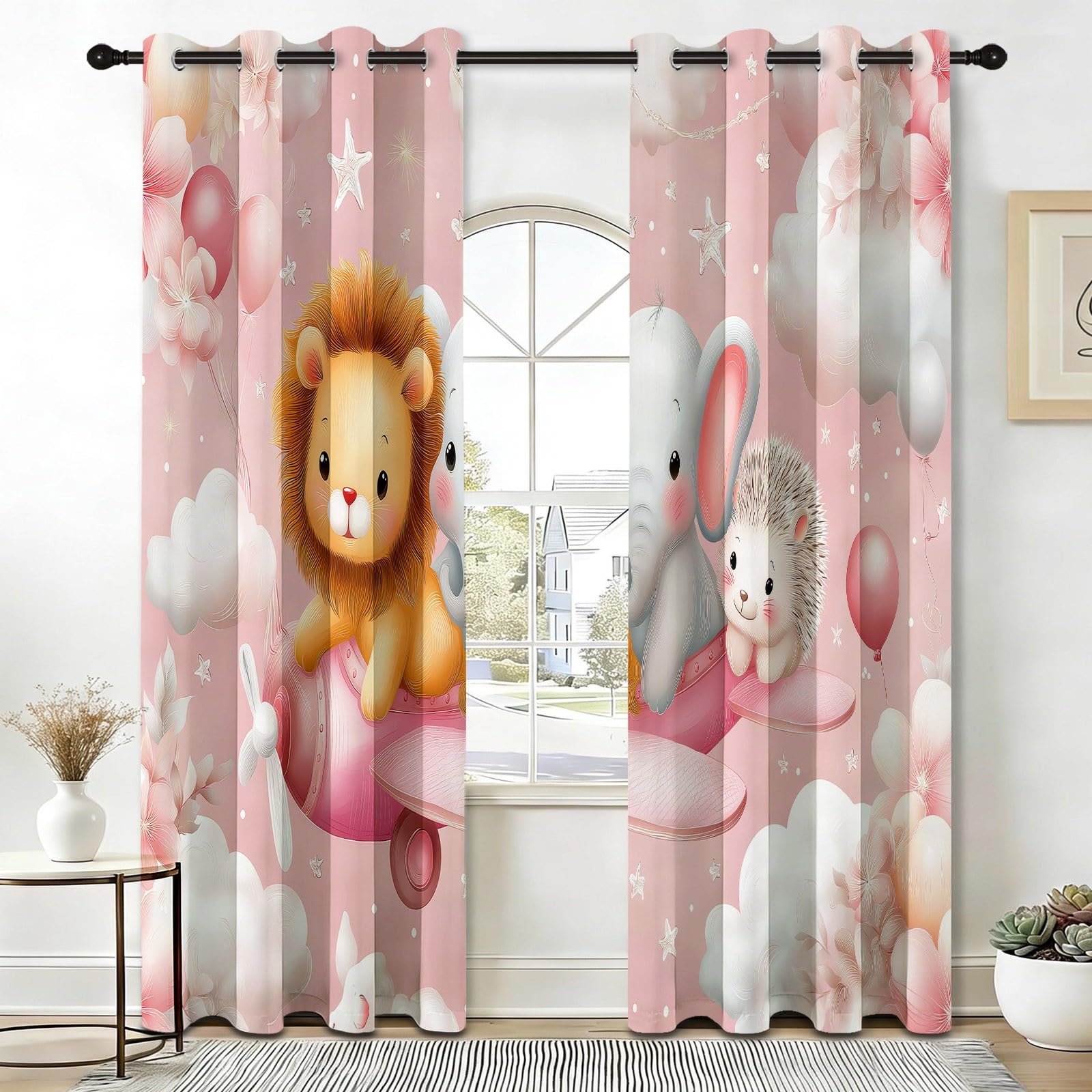 Rideau Occultant Thermique Isolant Anti, Style Continu Mignon Animaux Aéronef Rideaux Fenêtre Opaques à Oeillets Anti Froid UV Bruit, pour Pouponnière Chambre Bébé Chambre Fille 140L x 215H cm Rose