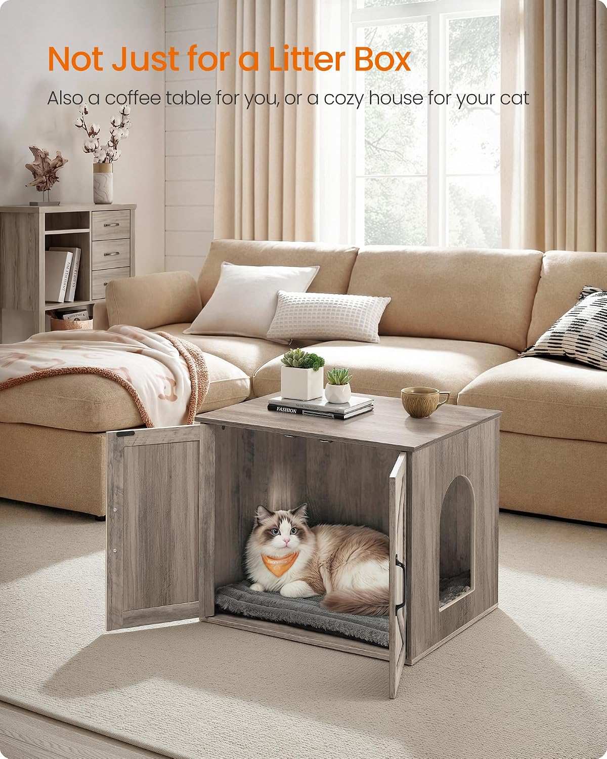 Feandrea Cat Litter Box Enclosure, Hidden Litter Box Furniture, Indoor Pet House End Table, 23.6 x 19.7 x 19.7 Inches, Heather Greige UPCL042K101