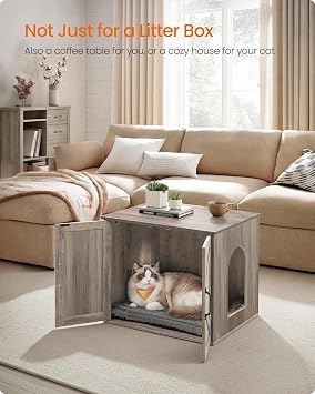 Feandrea Cat Litter Box Enclosure, Hidden Litter Box Furniture, Indoor Pet House End Table, 23.6 x 19.7 x 19.7 Inches, Heather Greige UPCL042K101