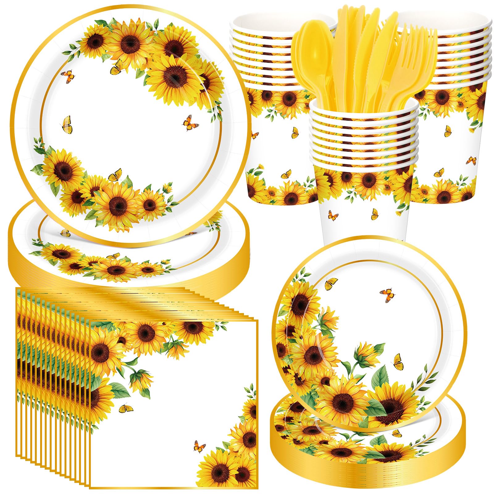 Funnymoom 400 Pcs Sunflower Party Supplies for 50 Guests Disposable Plates Napkins Cups Spoons Forks Knives for Birthday Wedding Bridal Shower Baby
