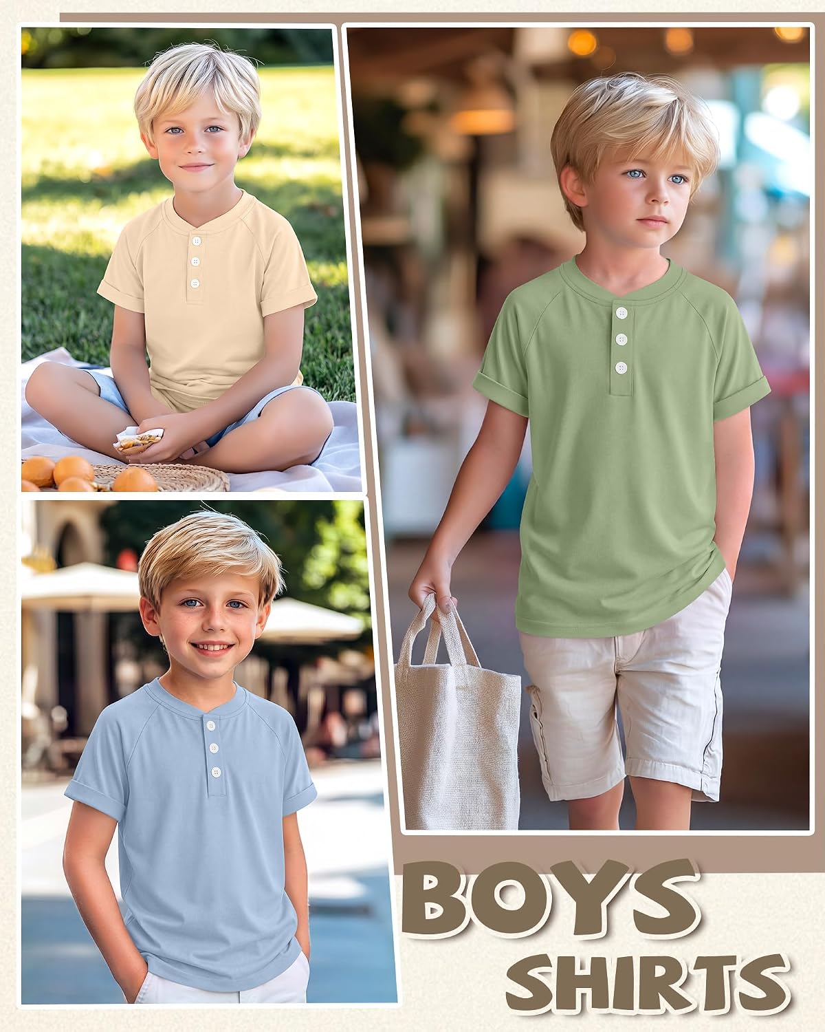 3 Pack Boys Henley Shirt Kids School Uniform Shirt Casual Summer T-Shirts Button up Rolled Cuff Tops Tee 5-14 Years